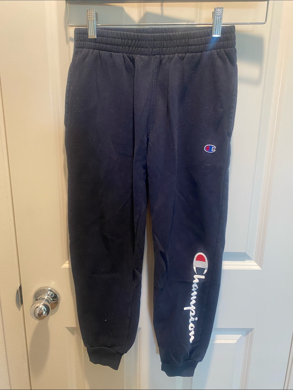Champion Kids Navy Fleece Joggers with Logo Leg Print EUC